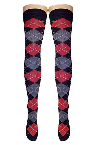 Red & Grey Argyle Over Knee Socks (Made In Italy)