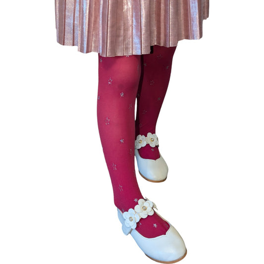 Berry Glittery Silver Stars Tights (Girls)