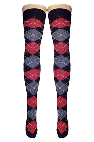 Red & Grey Argyle Over Knee Socks (Made In Italy)